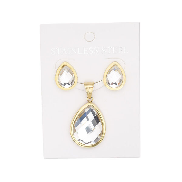 Pendant and earring, glass and stainless steel, clear, 29x21mm teardrop pendant, 17mm earrings with teardrop and post. Sold per set. image number 0