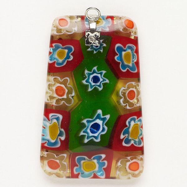 Focal 1pkg1 silver-finished steel and millefiori glass, translucent and transparent green and multicolored, 43x28mm-44x28mm puffed trapezoid. image number 0