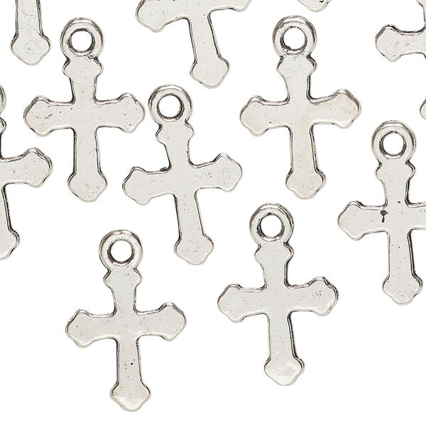 Drop, "pewter" (zinc-based alloy), pkg/20, 19x13mm double-sided flat cross, antique silver finish. image number 0