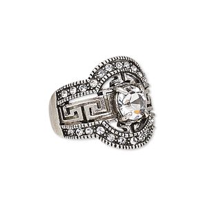 Ring, Austrian crystal and antique silver-plated "pewter" (zinc-based alloy), clear, 20mm wide with fancy Greek key design, size 8. Sold individually.