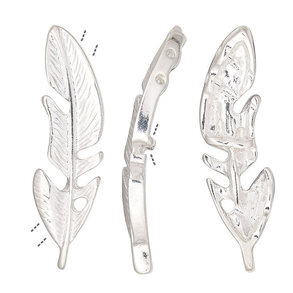 Spacer, silver-finished "pewter" (zinc-based alloy), 37x10mm single-sided curved feather with 4 holes. Sold per pkg of 2. image number 0