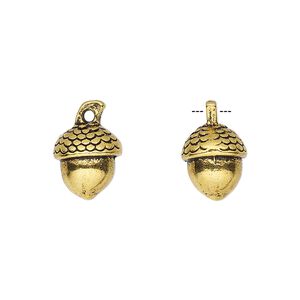 Charm, antique gold-finished "pewter" (zinc-based alloy), 11x10mm 3D acorn. Sold per pkg of 4.