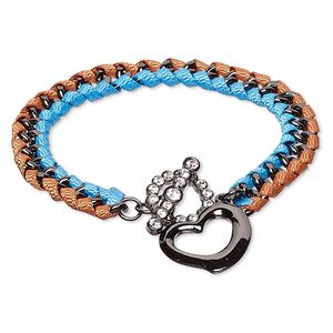 Bracelet, nylon / Czech glass rhinestone / gunmetal-finished steel / "pewter" (zinc-based alloy), blue / orange / clear, 8mm wide with 21x18mm open heart, 7 inches with toggle clasp. Sold individually.