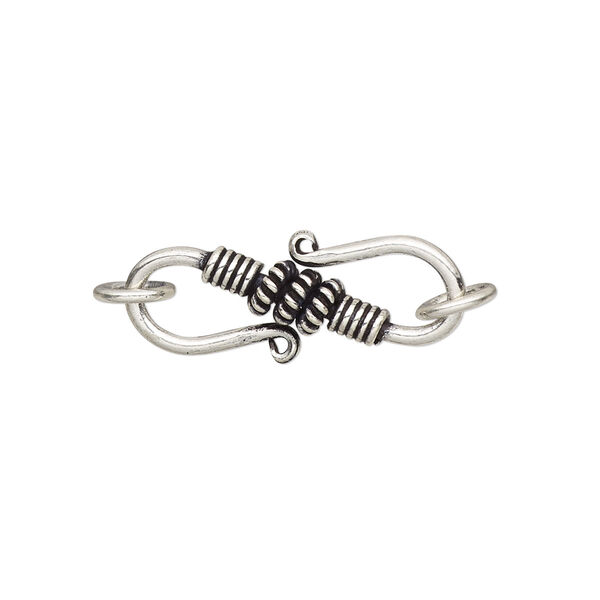 Clasp, S-hook, antiqued sterling silver, 24x10mm with rope and line design and 2 jump rings. Sold individually. image number 0