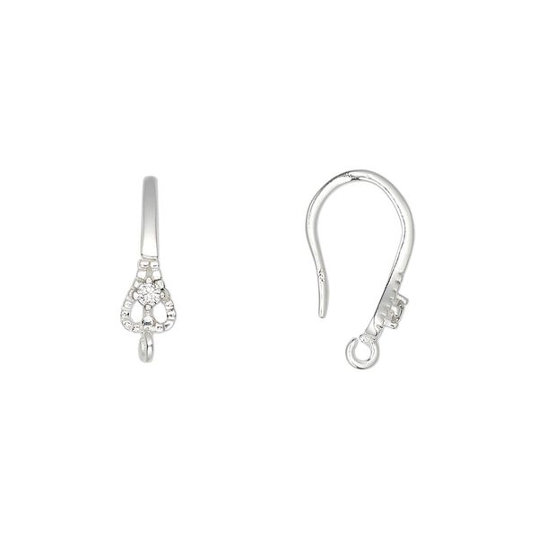 Ear wire fishhook 1pkg2 sterling silver / cubic zirconia, 16.5mm / 6x4.5mm teardrop / open loop, 18 gauge clear 1 pair image number 0