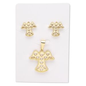Pendant and earring, gold finish stainless steel, 29x25mm stardust angel with heart cutouts, 16mm earrings with post. Sold per set.
