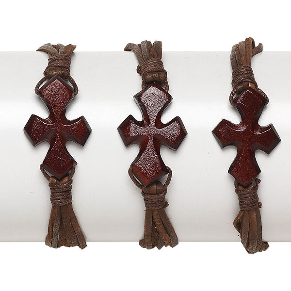 Bracelet, bone / leather (dyed) / waxed cotton cord, brown, 30x21mm cross, 7 inches with button closure. Sold per pkg of 3. image number 0