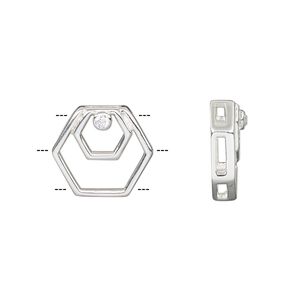 Slide, sterling silver and cubic zirconia, clear, 15x13mm single-sided open hexagon, 5x1mm hole. Sold individually.