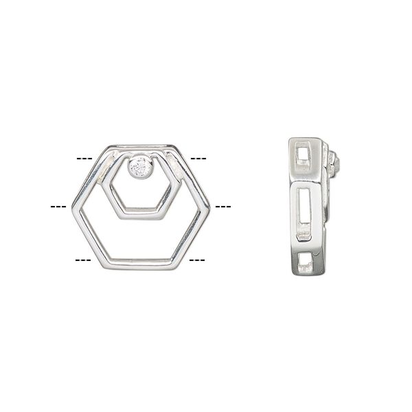 Slide, sterling silver and cubic zirconia, clear, 15x13mm single-sided open hexagon, 5x1mm hole. Sold individually. image number 0
