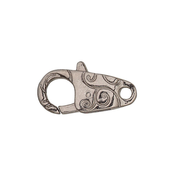 Clasp, lobster claw, gunmetal-plated "pewter" (zinc-based alloy), 24.5x11mm with double-sided swirl design. Sold per pkg of 6. image number 0