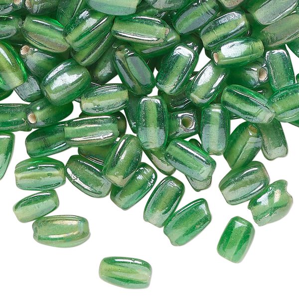 Bead, luster glass, translucent green, 8x3mm square tube. Sold per 2-ounce pkg, approximately 275 beads. image number 0