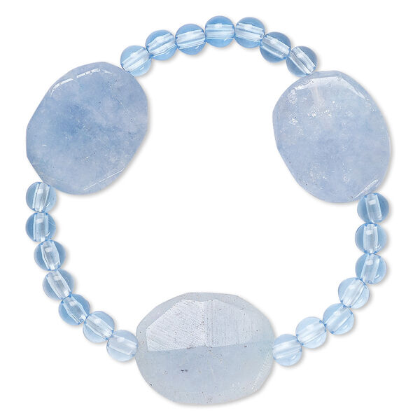 Bracelet, stretch, quartz (dyed) and acrylic, blue, 5mm round and 25x20mm-26x21mm faceted puffed oval, 6 inches. Sold individually. image number 0
