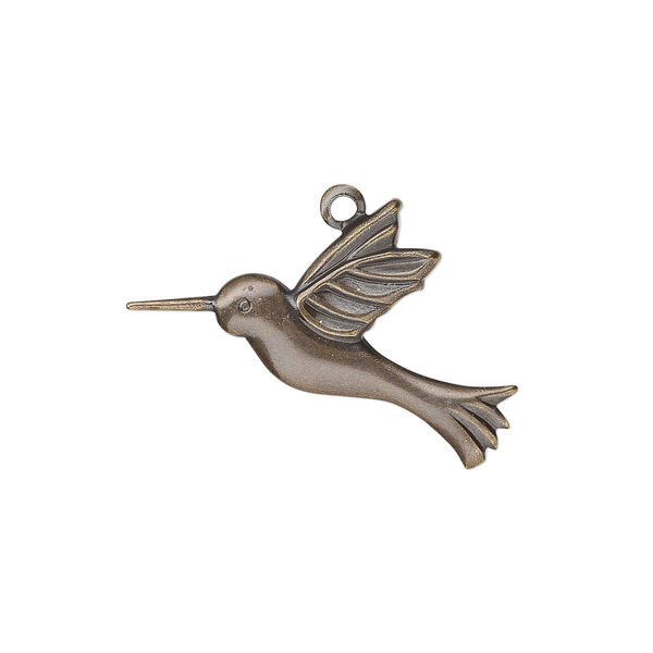 Charm, antiqued gold-plated brass, 25x19mm single-sided hummingbird. Sold per pkg of 100. image number 0