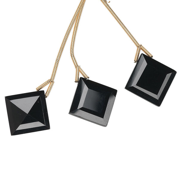 Bead, black onyx (dyed), 18x18mm hand-cut top-drilled faceted diamond, B+ grade, Mohs hardness 6-1/2 to 7. Sold per pkg of 3 beads. image number 0