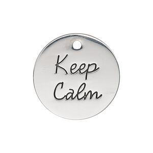 Charm, antique silver-finished "pewter" (zinc-based alloy), 25mm single-sided flat round with "Keep Calm." Sold individually.