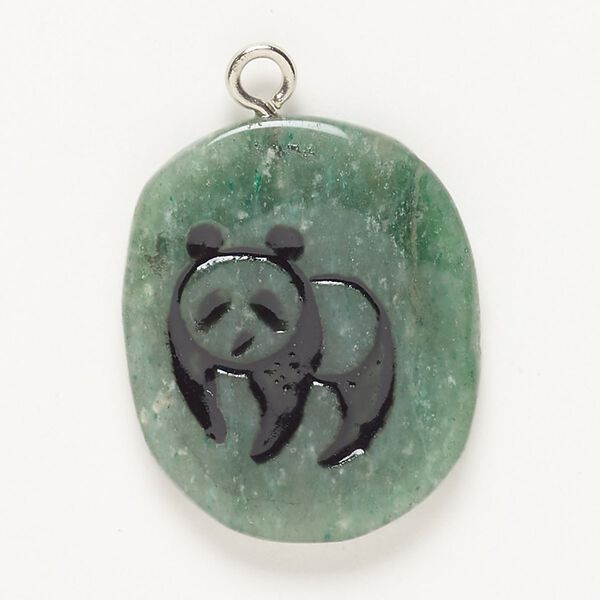 Focal steel green aventurine enamel 1pk 29x25mm-37x28mm puffed freeform panda, silver finish black natural image number 0