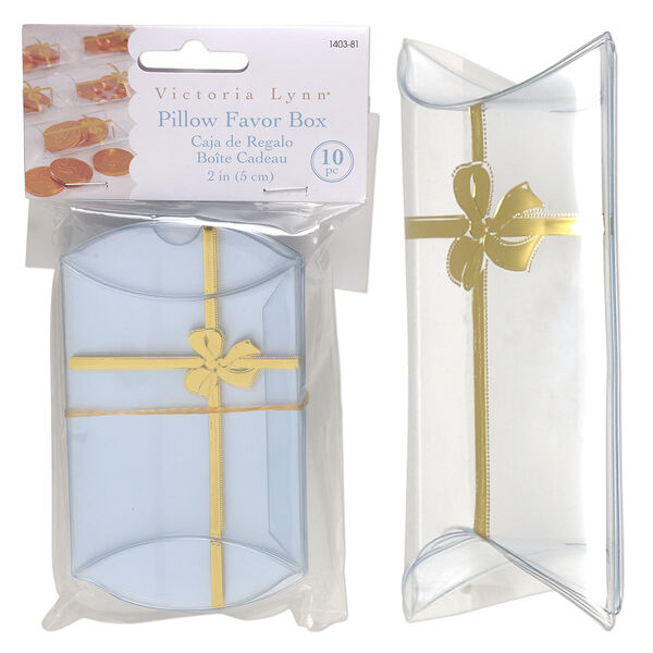 Favor box, Victoria Lynn™, plastic, clear and gold, 3-1/2 x 2-1/2 x 1 inch assembled pillow with bow. Sold per pkg of 10. image number 0