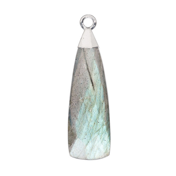 Drop, labradorite (natural) and sterling silver, 28x9mm faceted hand-cut paddle. Sold individually. image number 0