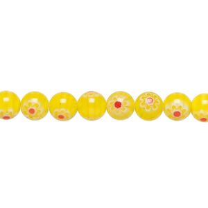 Bead, millefiori glass 1pkg1, translucent yellow / red / white, 6mm round, 15 inches.