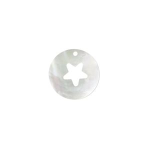 Drop, mother-of-pearl shell (bleached), 15mm round with star cutout, Mohs hardness 3-1/2. Sold individually.