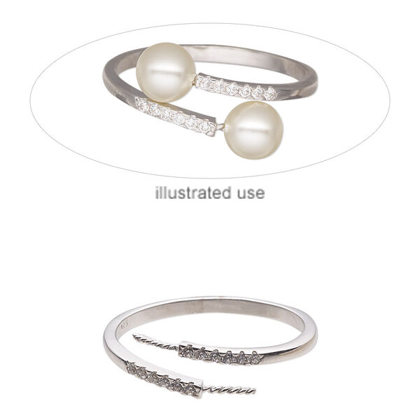 Ring, cubic zirconia and sterling silver, clear, 5.5mm wide with (2) 5mm twisted pegs, fits up to 6mm half-drilled round bead, size 9. Sold individually. image number 0