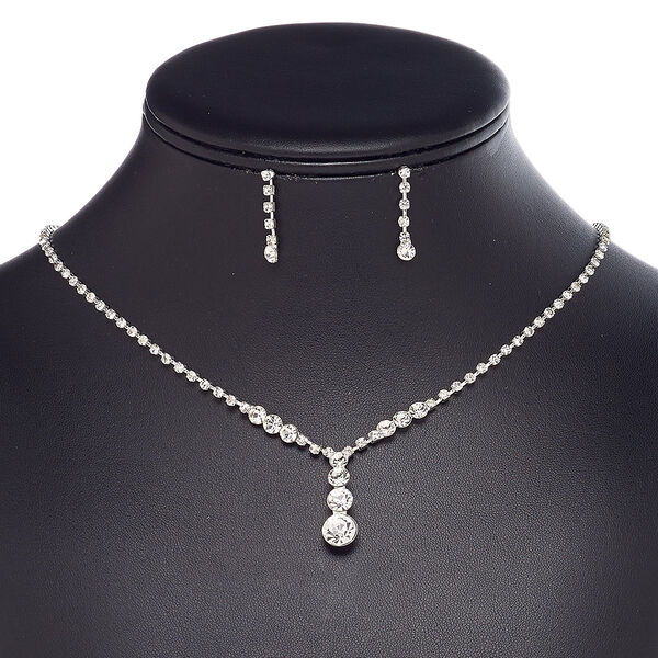Necklace and earring set, glass rhinestone / plastic / imitation rhodium-plated brass / steel, clear, 1-inch dangle with cupchain and round, 15" to 16" necklace with 3-inch extender chain and lobster claw clasp, 24mm earrings with post. Sold per set. image number 0