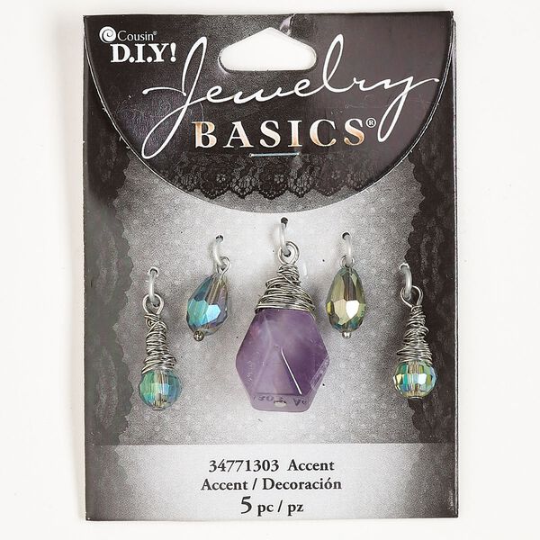 Drop assortment, silver-finished steel / amethyst (natural) / glass, blue and green AB, mixed sizes and shapes. Sold per pkg of 5. image number 0
