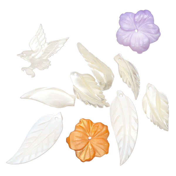 Drop and component mix, mother-of-pearl shell (natural / bleached / dyed), multicolored, 17x17mm-30x11mm multi-shape. Sold per pkg of 10. image number 0