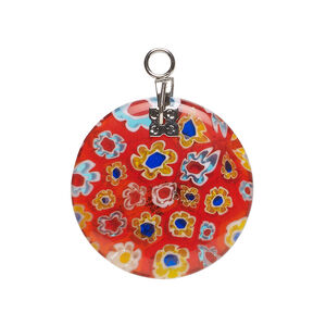 Component 1pkg1 millefiori glass and silver-finished steel, translucent cobalt blue / white / red, 24-25mm puffed flat round.