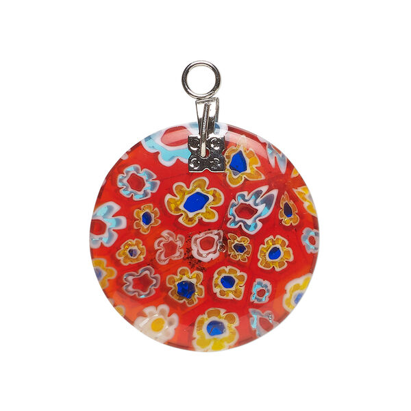 Component 1pkg1 millefiori glass and silver-finished steel, translucent cobalt blue / white / red, 24-25mm puffed flat round. image number 0
