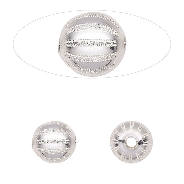 Bead, sterling silver, 10mm fluted round with laser-cut melon design. Sold individually. image number 0