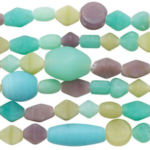 Bead mix, glass, opaque matte olive green / teal blue / brown, 5x5mm-19x10mm mixed shapes. Sold per (6) 14-inch strand, approximately 280 beads.