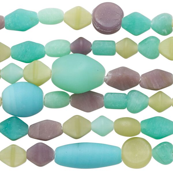 Bead mix, glass, opaque matte olive green / teal blue / brown, 5x5mm-19x10mm mixed shapes. Sold per (6) 14-inch strand, approximately 280 beads. image number 0