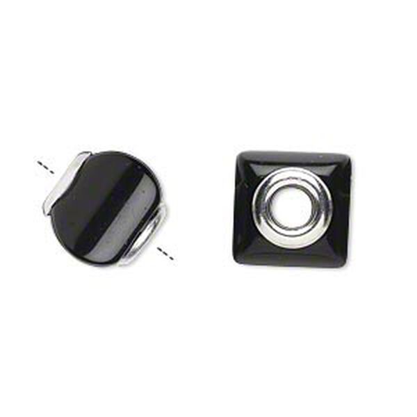 Bead, Dione®, black agate (dyed) and sterling silver grommets, 11x10mm-13x11mm square rondelle with 4mm hole, B grade, Mohs hardness 6-1/2 to 7. Sold individually. image number 0