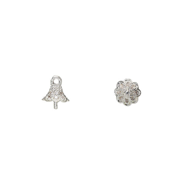 Cup, silver-finished brass and glass rhinestone, clear, 6mm cup with 3mm peg, fits 6-8mm bead. Sold individually. image number 0