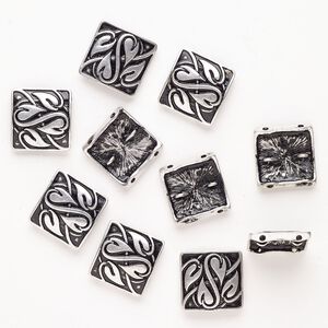 Bead spacer 1pkg10 "pewter" (zinc-based alloy) / enamel, 21-22mm square / leaf fits up to 13.5mm beads, antique silver finish / black
