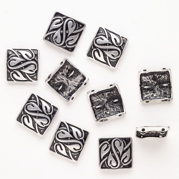Bead spacer 1pkg10 "pewter" (zinc-based alloy) / enamel, 21-22mm square / leaf fits up to 13.5mm beads, antique silver finish / black image number 0