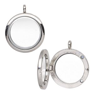 Pendant, glass and imitation rhodium-plated "pewter" (zinc-based alloy), clear, 35x29mm round float locket with 22x4mm inside diameter and magnetic closure. Sold individually.