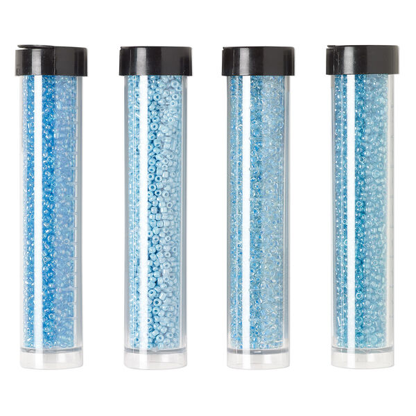 Seed bead assortment, Ming Tree™, glass, pkg/(4) 4 x 3/4 inch vials, #11 round, opaque and transparent rainbow luster teal, sky blue and turquoise blue. image number 0
