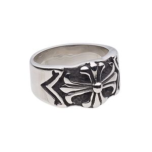 Ring, antiqued stainless steel, 15mm wide with cross, size 12. Sold individually.