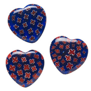 Bead, millefiori glass, translucent multicolored cobalt blue, red, white and clear, 24-26mm half-drilled puffed heart with flower design. Sold per pkg of 3.