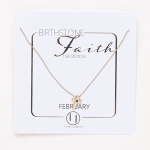 Necklace, steel and glass, pkg/16 inches with lobster claw clasp and 3-inch extender chain, 10x7mm February birthstone cross, gold finish and amethyst purple.