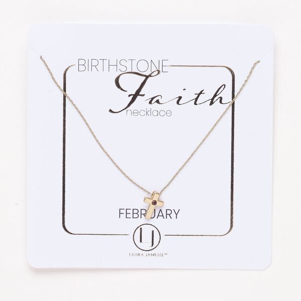 Necklace, steel and glass, pkg/16 inches with lobster claw clasp and 3-inch extender chain, 10x7mm February birthstone cross, gold finish and amethyst purple. image number 0