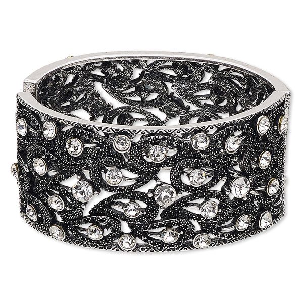 Bracelet, hinged bangle, glass rhinestone / gunmetal- / antique silver-finished steel / "pewter" (zinc-based alloy), clear, 36mm wide with curved teardrop design, 6 inches. Sold individually. image number 0