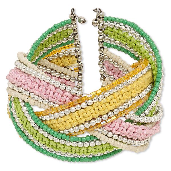 Bracelet, cuff, polyester / glass / steel / silver-coated plastic, iridescent multicolored, 42mm wide with braided design, adjustable from 6-7 inches. Sold individually. image number 0