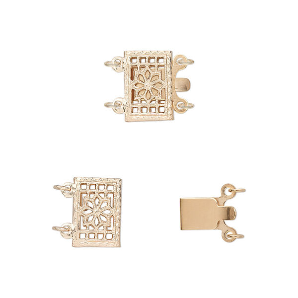Clasp, 2-strand tab, 14Kt gold-filled, 10x7mm rectangle with cutout flower design. Sold individually. image number 0