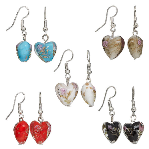 Earring mix, silver color brass and lampworked glass, multicolored, 15x15mm hearts. Sold per pkg of 5 pairs. image number 0
