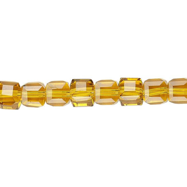 Bead 1pk 18 facets transparent gold, Celestial Crystal® 6mm cube 15.5-16 inch image number 0
