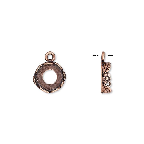 Drop, JBB Findings, antique copper-plated brass, 9.5mm round with open back and flower and leaf design trim, 8mm round bezel setting. Sold per pkg of 2. image number 0