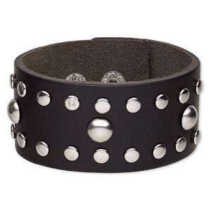 Bracelet, leather (dyed) and silver-plated steel, black, 36mm wide with round studs, adjustable from 5 to 6-1/2 inches with snap closure. Sold individually.